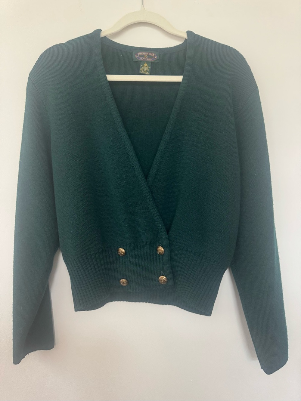 Charter Club 100% Wool Dark Green V-Neck Cropped Cardigan Gold Buttons Sz M